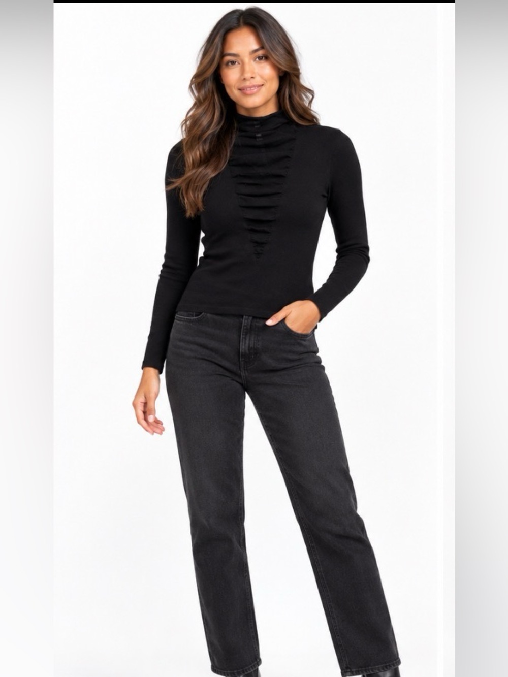Anthropologie fitted sweater S black ruched mock neck winter